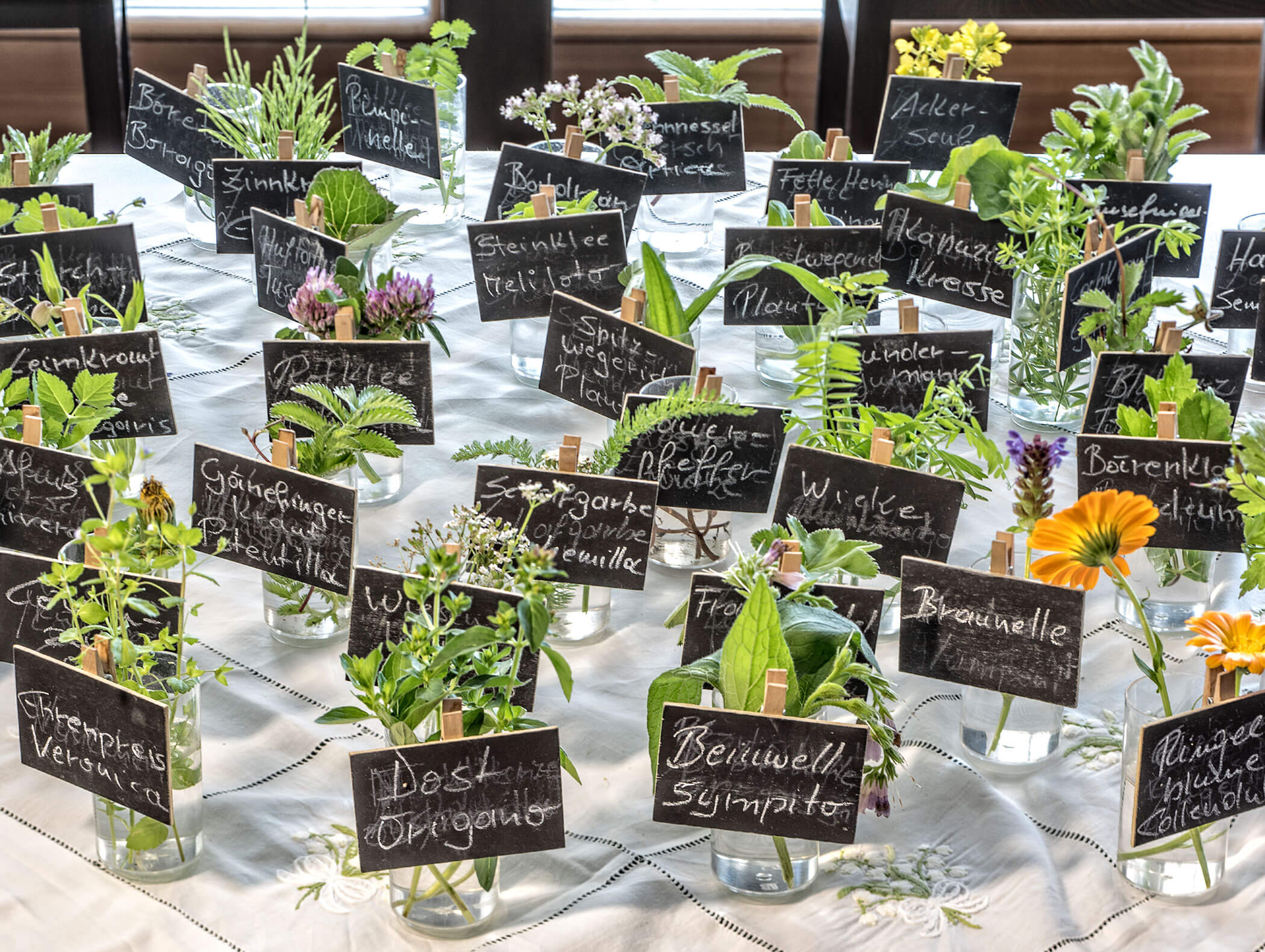 Diversi vasetti etichettati con erbe e fiori freschi esposti su un tavolo, ognuno con un cartellino scritto a mano. - Hotel Moosmair
