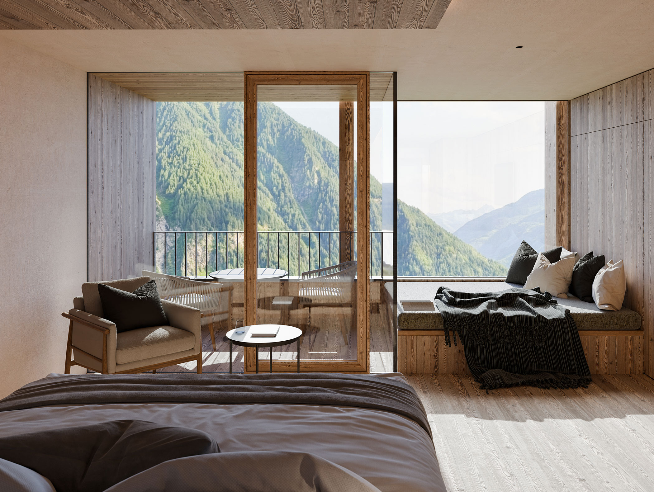 Modernes Schlafzimmer mit Holzakzenten, großen Fenstern und Bergblick, mit gemütlichen Sitzgelegenheiten und einem Balkon. - Hotel Moosmair
