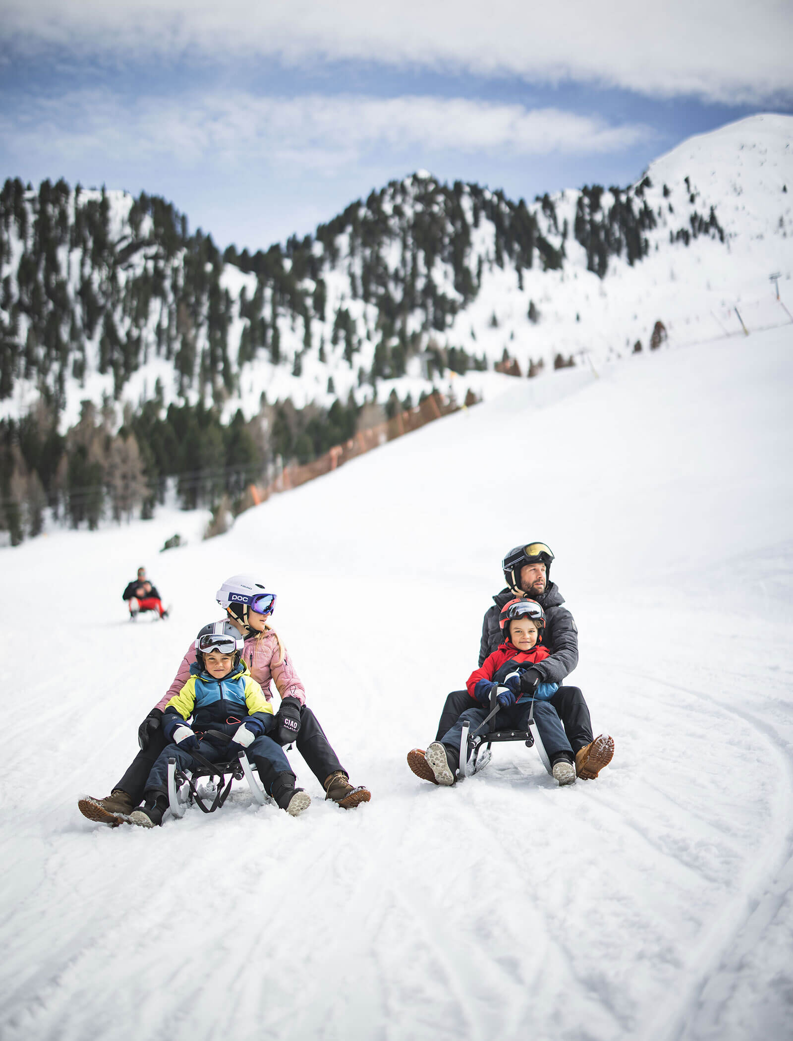 Due famiglie con il casco scendono in slitta da una montagna innevata con pini e cime sullo sfondo. - Hotel Moosmair