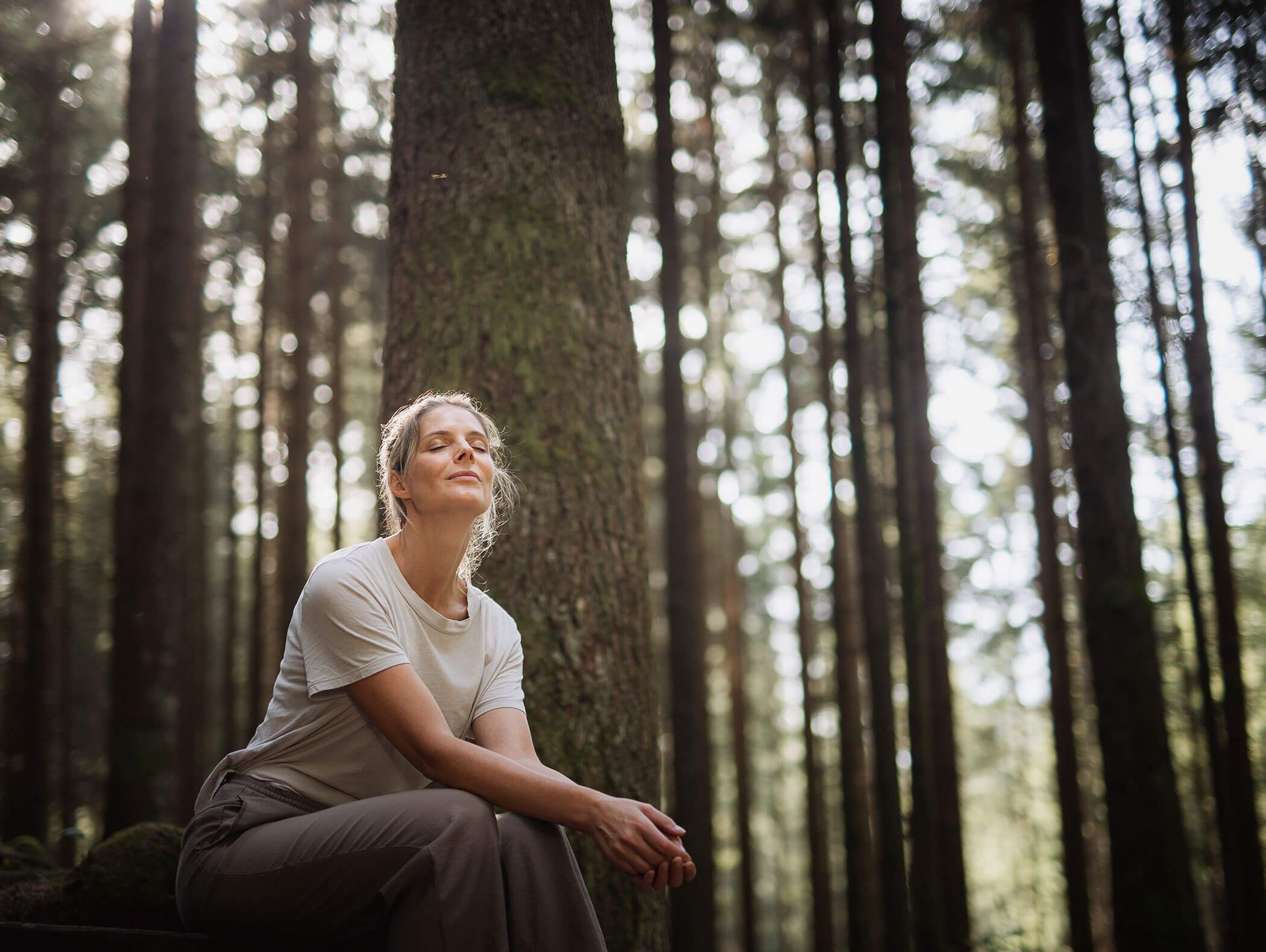 Woman sitting on a bench in a sunlit forest, eyes closed, appearing peaceful and relaxed among tall trees. - Hotel Moosmair