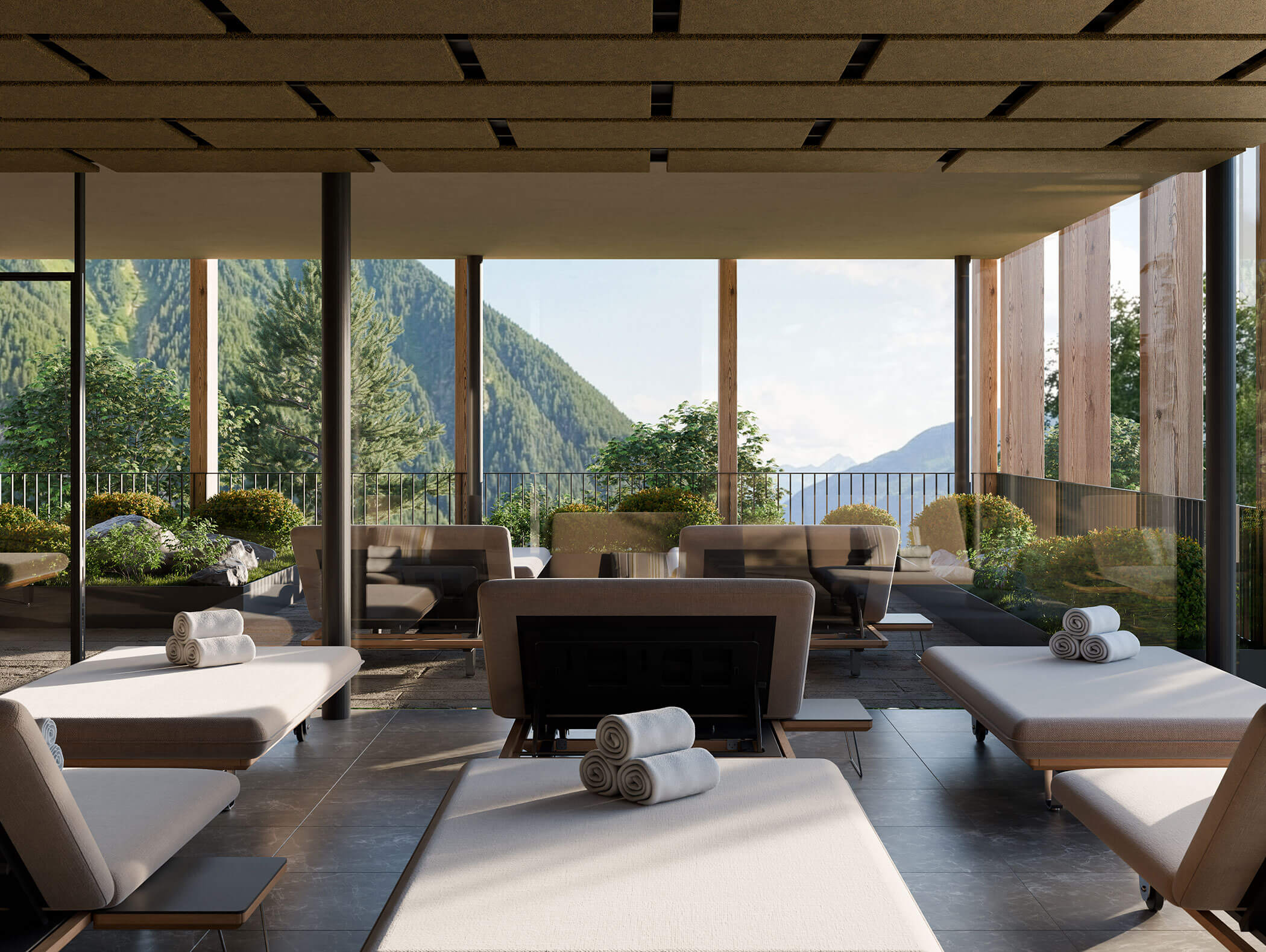 Lounge moderna con sedie imbottite, asciugamani arrotolati, pareti di vetro e vista sulle montagne sullo sfondo. - Hotel Moosmair